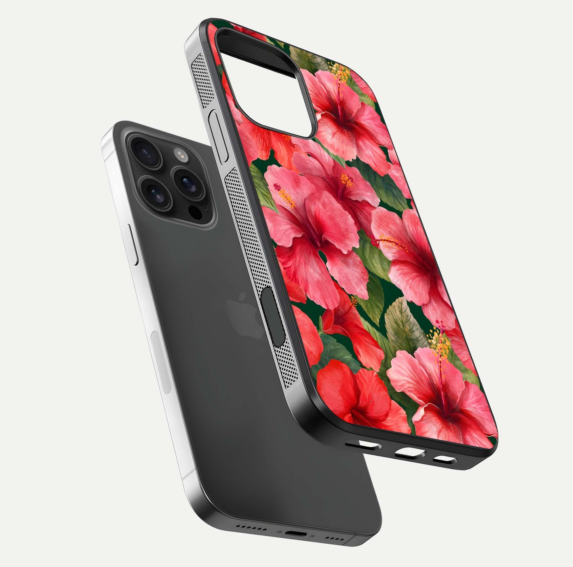 Hibiscus Pattern Glass Case for iPhone 16 Pro Max floating dual-view mockup showing glossy texture and vivid color depth