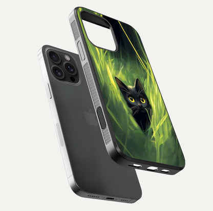 Hidden Cat Whisper Glass Case for iPhone 16 Pro Max floating dual-view mockup showing glossy tone and elegant cat silhouette