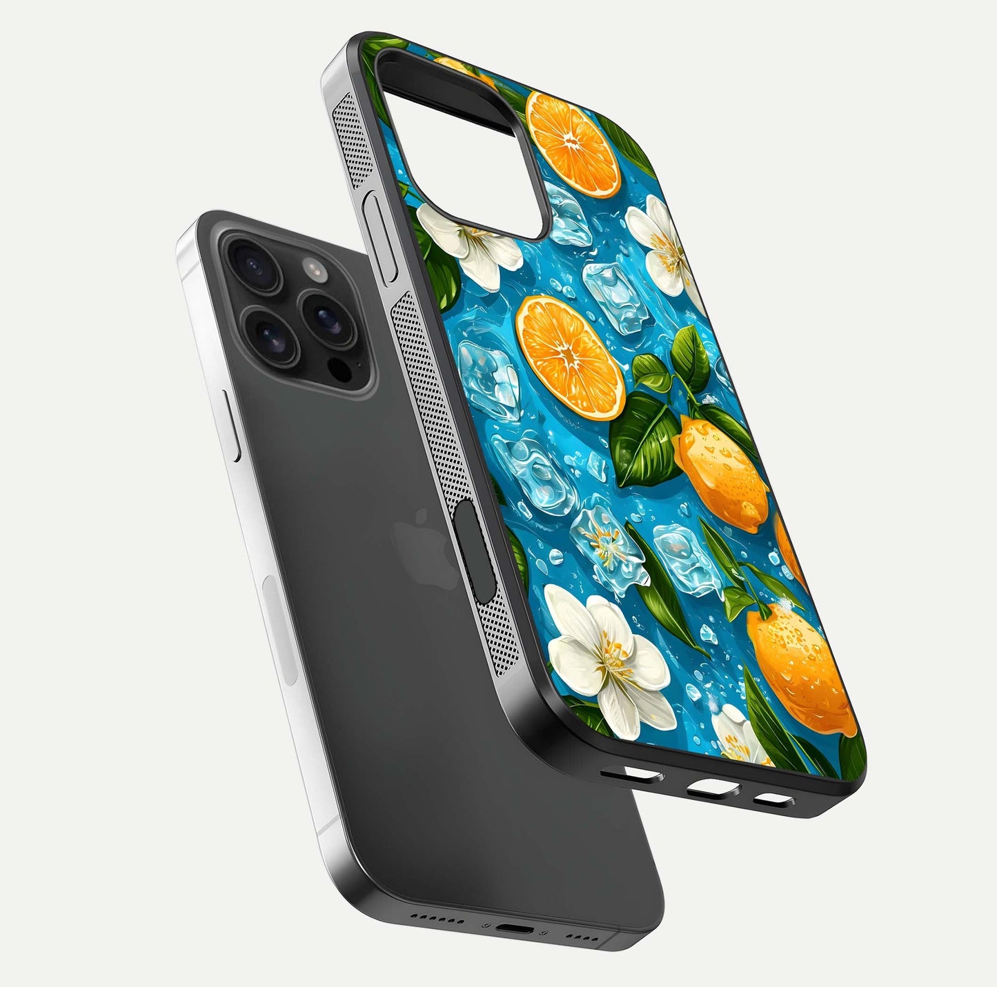 Ice Cube With Orange Glass Case for iPhone 16 Pro Max floating dual-view mockup showing glossy shine and cool refreshing tone