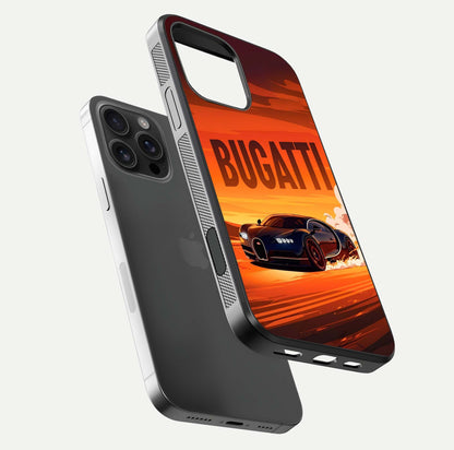 Inferno Bugatti Storm Glass Case for iPhone 16 Pro Max floating dual-view mockup showing gloss surface and racing energy