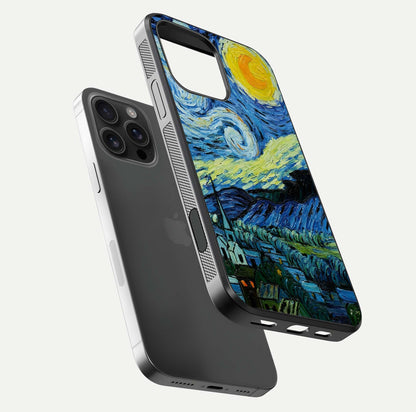 Inspired Van Gogh Art Glass Case for iPhone 16 Pro Max floating dual-view mockup showing gloss depth and artistic reflection