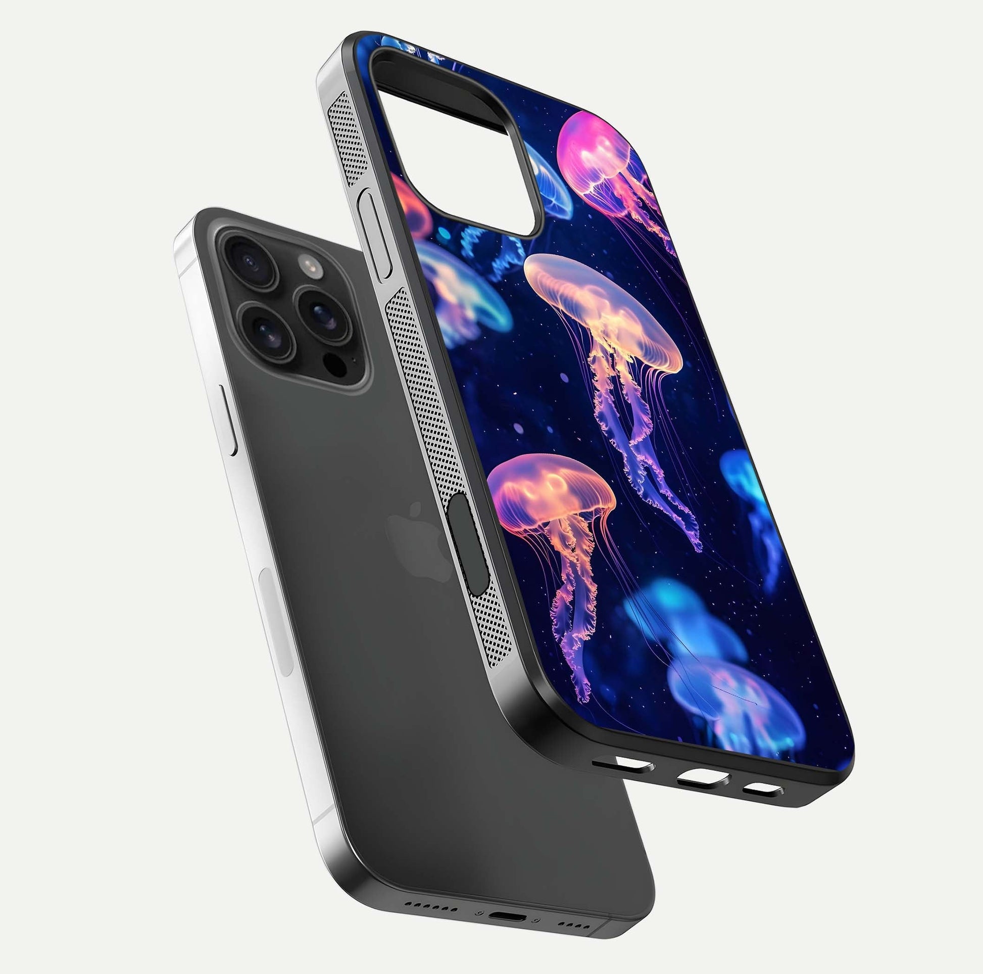 Jellyfish Pattern Glass Case for iPhone 16 Pro Max floating dual-view mockup showing gloss texture and oceanic depth