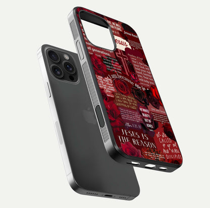 Jesus Love Heals Glass Case for iPhone 16 Pro Max floating dual-view mockup showing glossy shine and faith-inspired art
