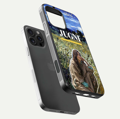 Jugni Soul Vibes Glass Case for iPhone 16 Pro Max floating dual-view mockup showing gloss surface and vivid design style