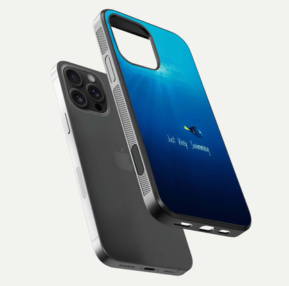 Just Keep Swimming Glass Case for iPhone 16 Pro Max floating dual-view mockup showing gloss brightness and wave motif