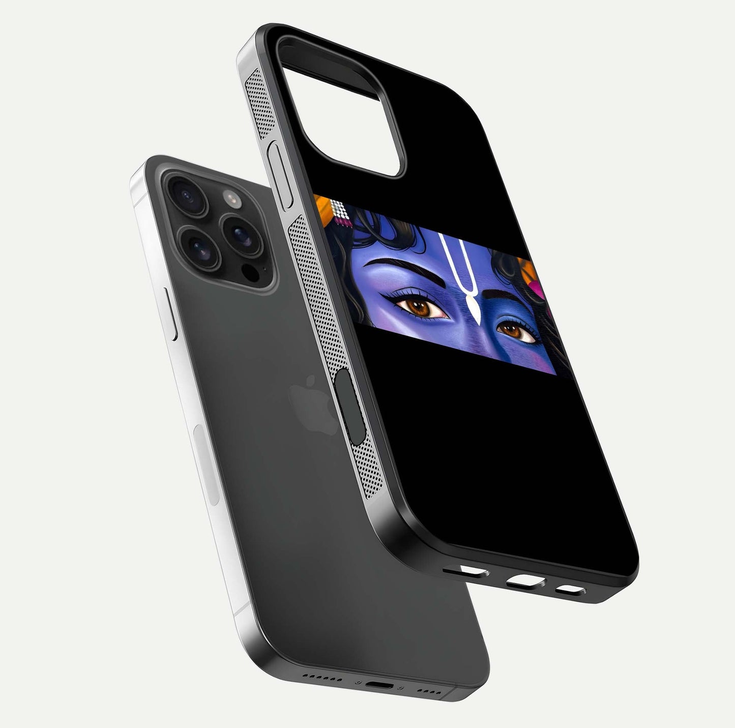 Krishna Eye Glass Case for iPhone 16 Pro Max floating dual-view mockup showing gloss surface and divine art depth