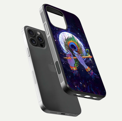 Krishna Hands Art Glass Case for iPhone 16 Pro Max floating dual-view mockup showing premium gloss reflection