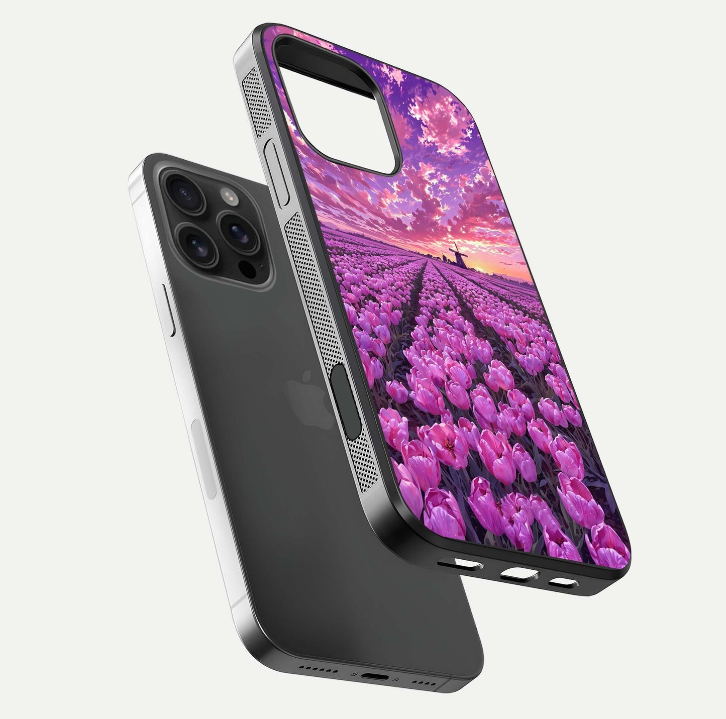 Lavender Dream Skies Glass Case for iPhone 16 Pro Max floating dual-view mockup showing gloss polish and pastel design