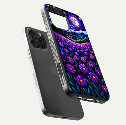 Lavender Moon Field Glass Case for iPhone 16 Pro Max floating dual-view mockup showing gloss surface and floral glow