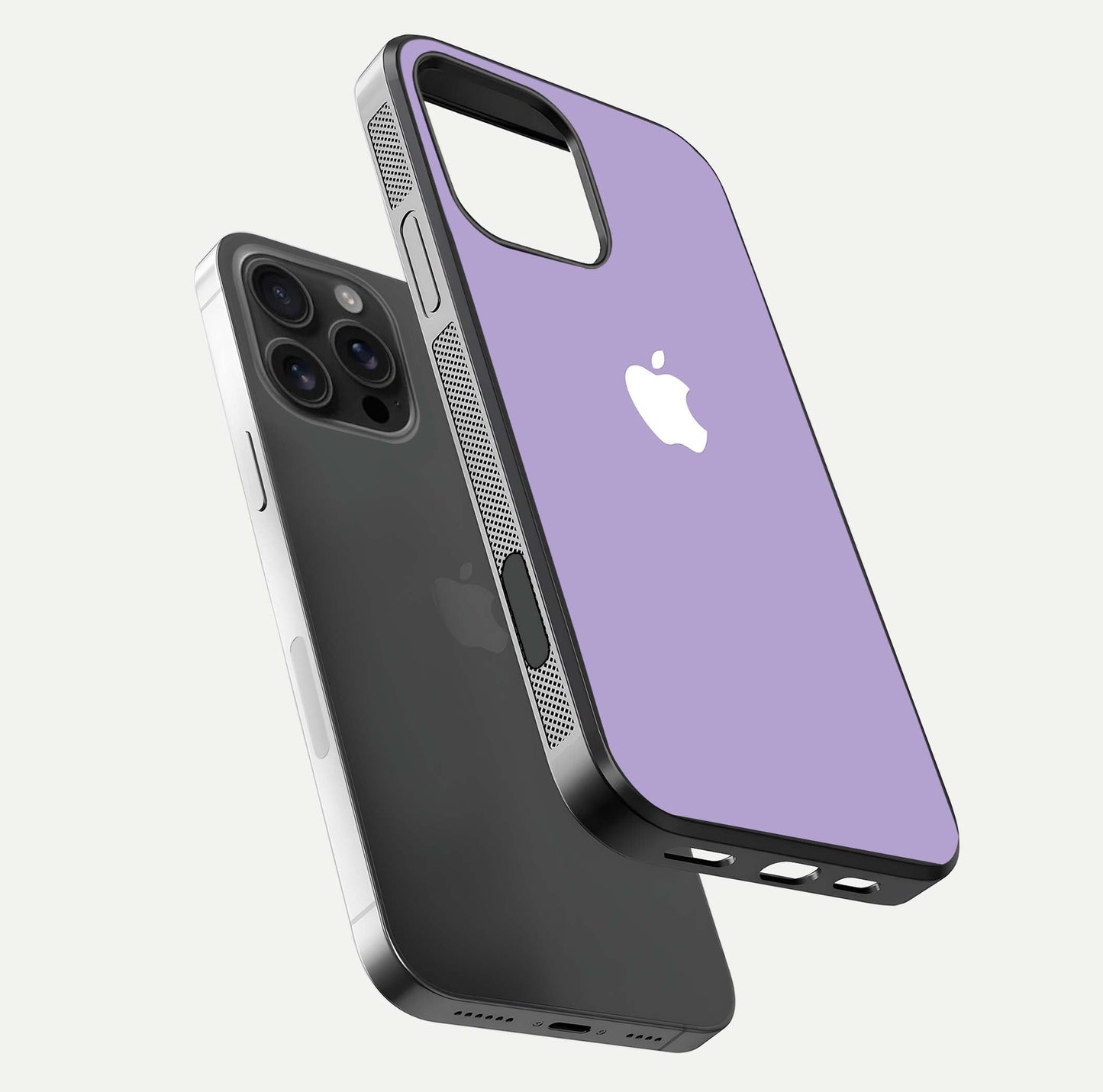 Lavender Soft Minimal Glass Case for iPhone 16 Pro Max floating dual-view mockup showing gloss reflection and pastel tone