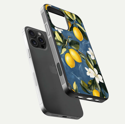 Lemon Dream Garden Glass Case for iPhone 16 Pro Max floating dual-view mockup showing gloss brightness and vivid yellow print