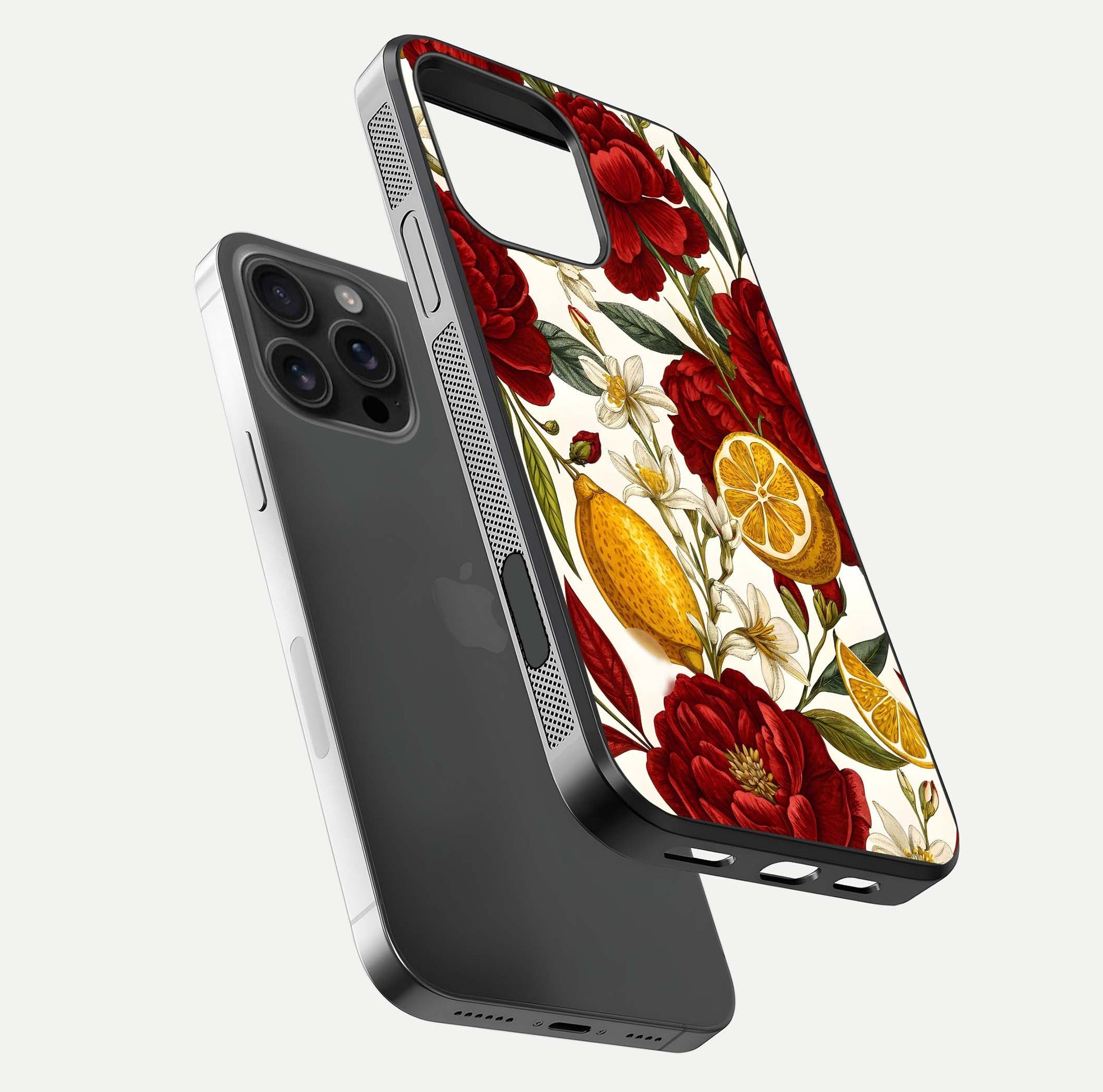 Lemon Rose Charm Glass Case for iPhone 16 Pro Max floating dual-view mockup showing gloss polish and floral gradient