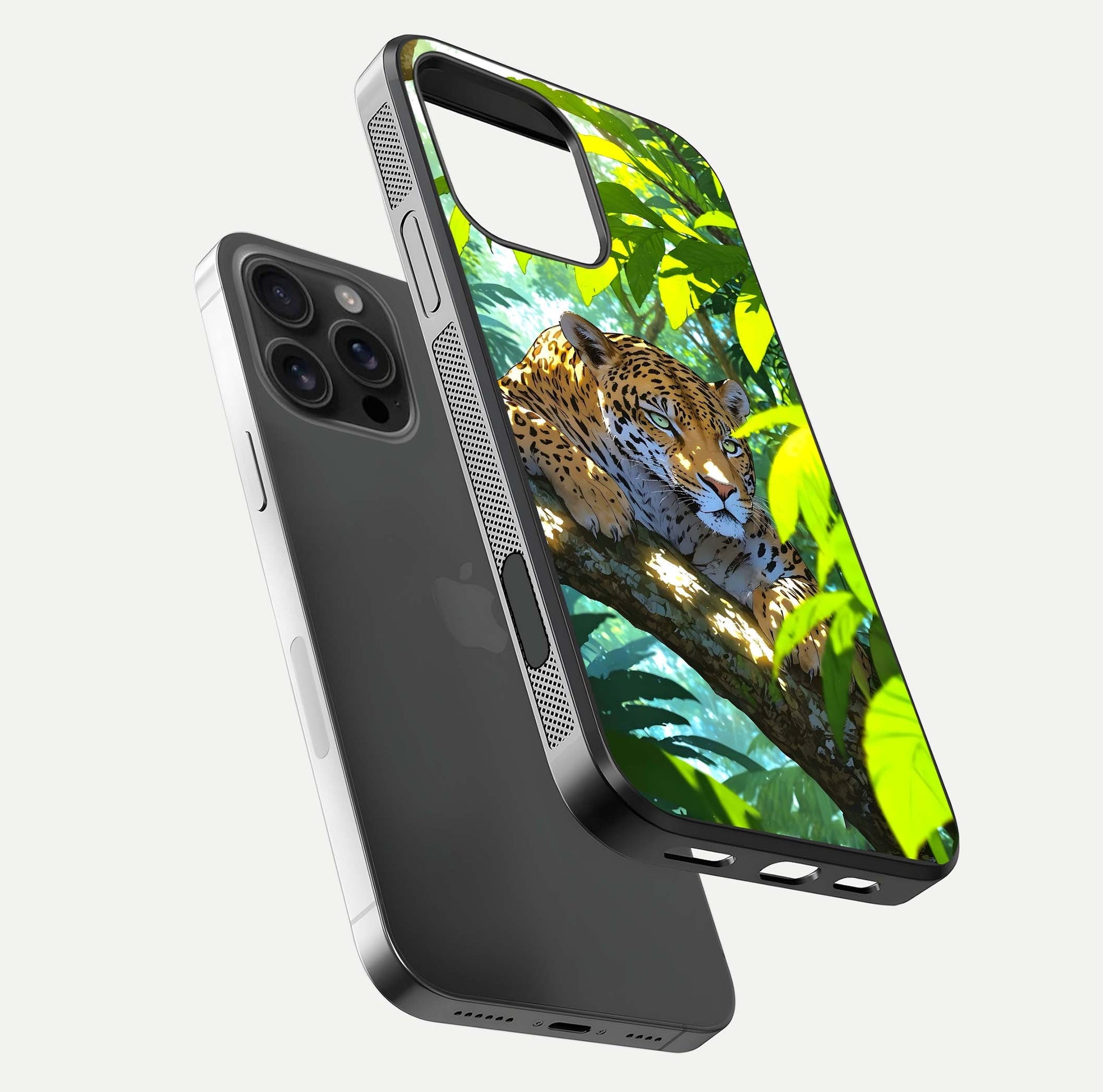 Leopard in Jungle Glass Case for iPhone 16 Pro Max floating dual-view mockup showing gloss finish and HD wild pattern
