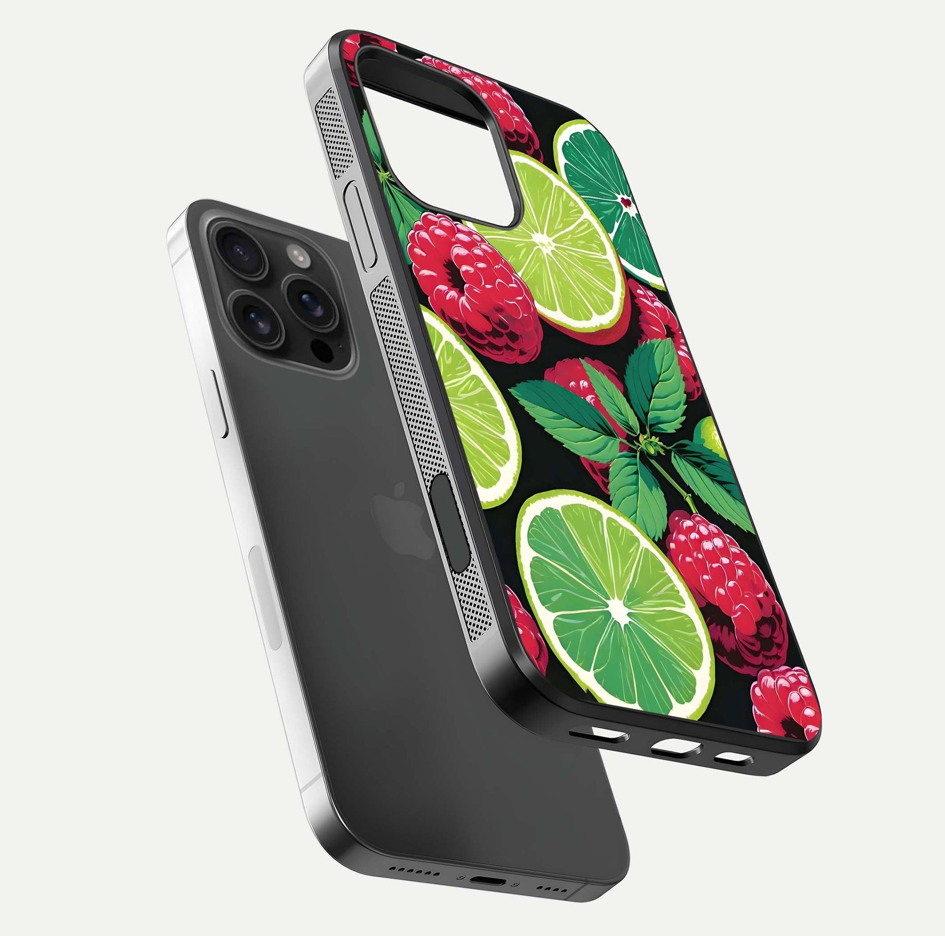 Lime and Raspberry Pattern Glass Case for iPhone 16 Pro Max floating dual-view showing HD gloss and vivid print