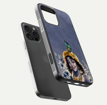 Lord Krishna Glass Case for iPhone 16 Pro Max floating dual-view showing glossy shine and divine artistic pattern