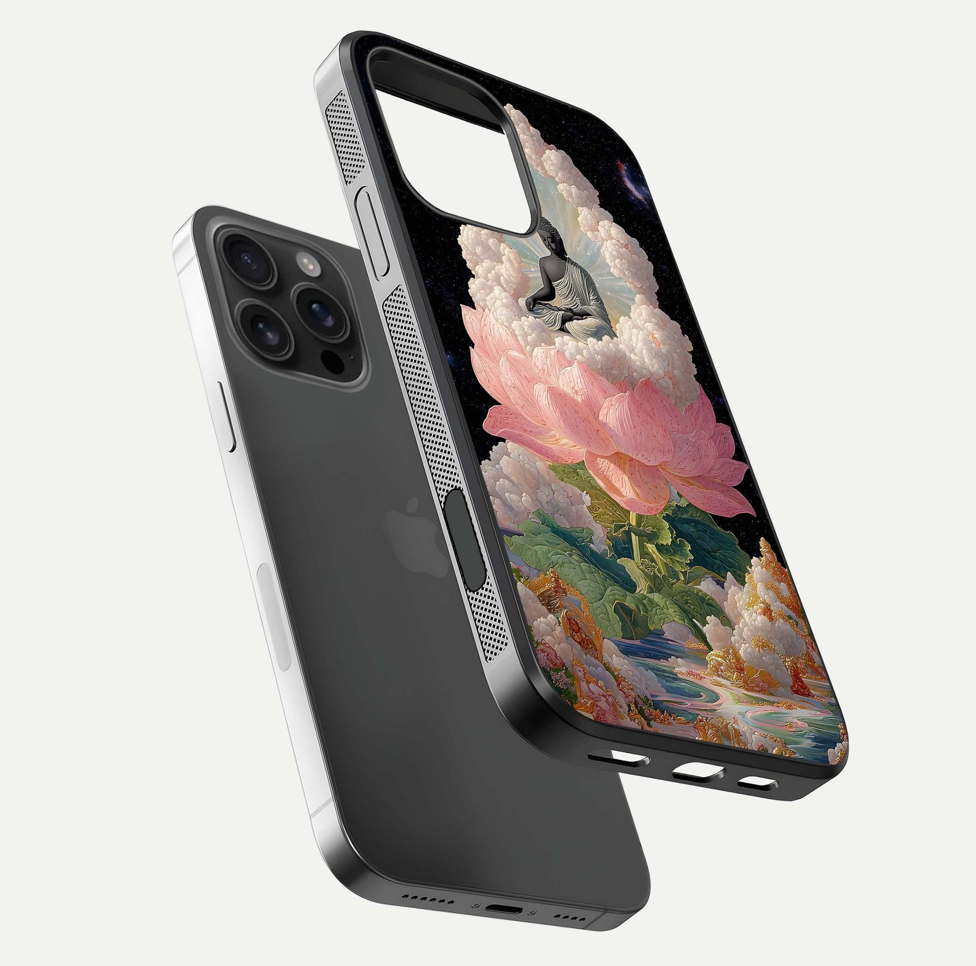 Lotus Divine Peace Glass Case for iPhone 16 Pro Max floating dual-view mockup with glass glow and spiritual calm art