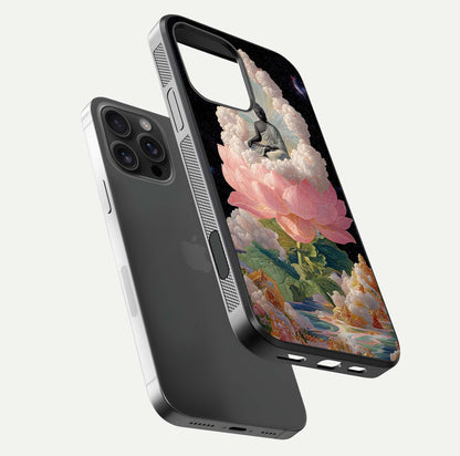 Lotus Divine Peace Glass Case for iPhone 16 Pro Max floating dual-view mockup with glass glow and spiritual calm art