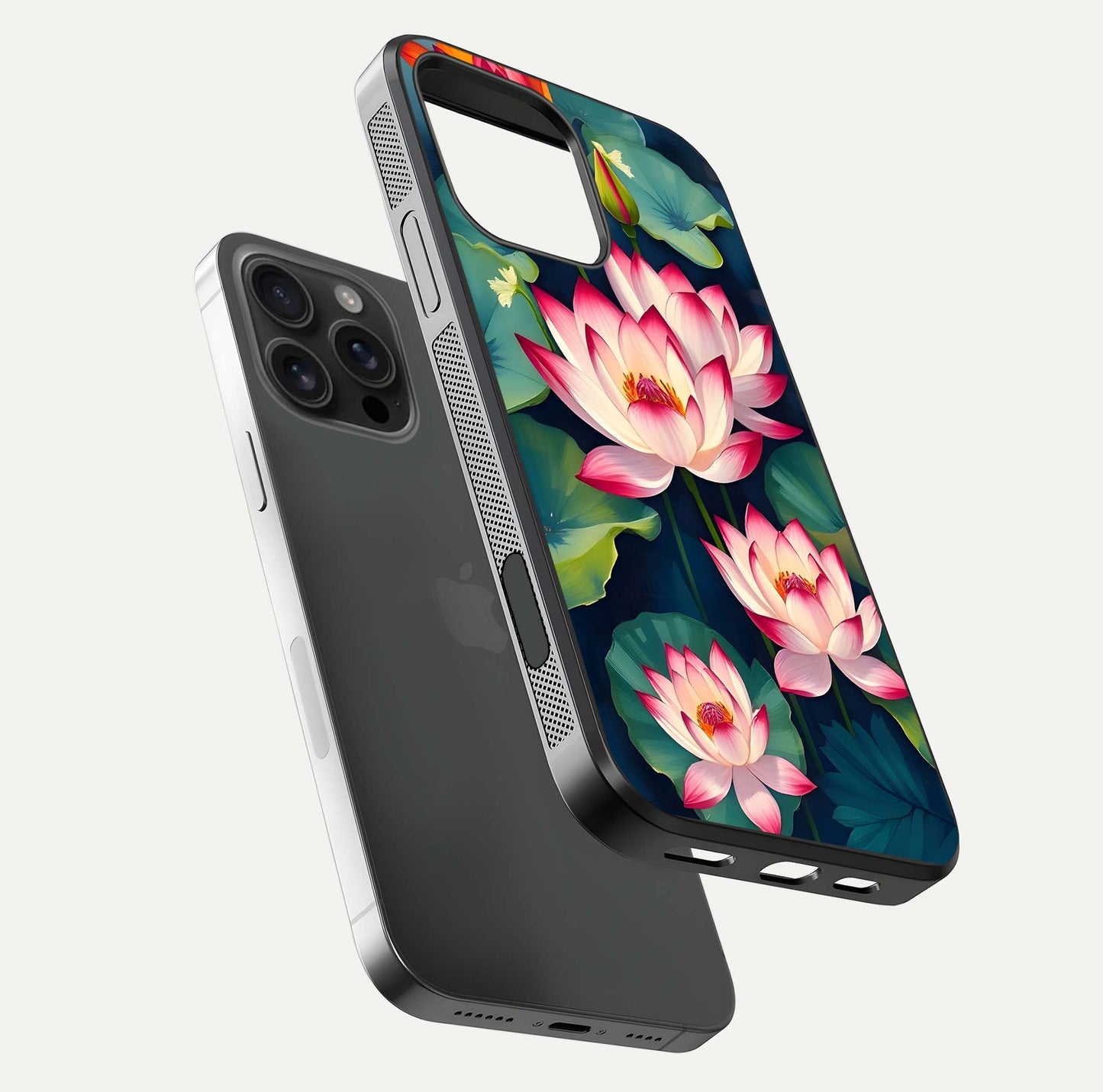 Lotus Dream Serenity Glass Case for iPhone 16 Pro Max floating dual-view mockup highlighting HD gloss glow