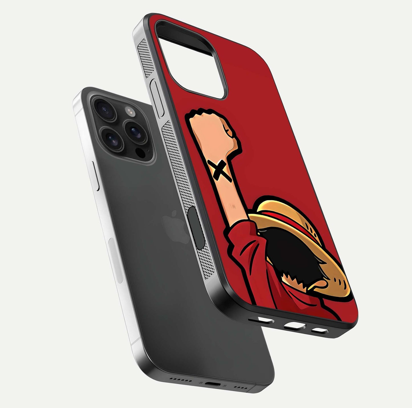 Luffy X Spirit Glass Case for iPhone 16 Pro Max floating dual-view mockup showing gloss polish and vibrant color depth