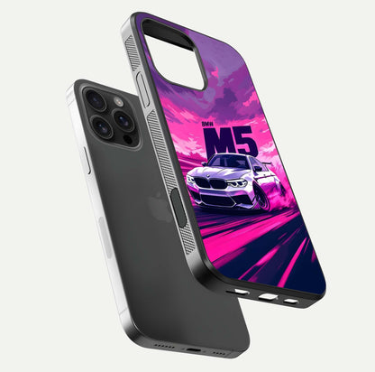 MS Neon Car Glass Case for iPhone 16 Pro Max floating dual-view mockup showing HD gloss and electric color tones