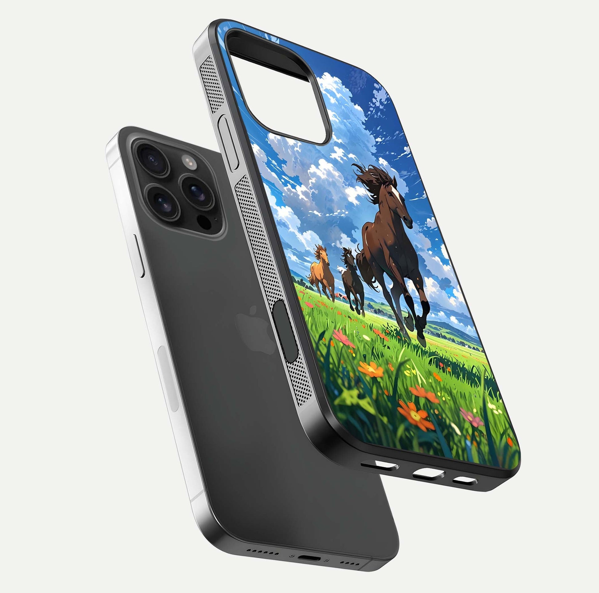 Majestic Horses Galloping Glass Case for iPhone 16 Pro Max floating dual-view mockup showing gloss texture and vivid tones