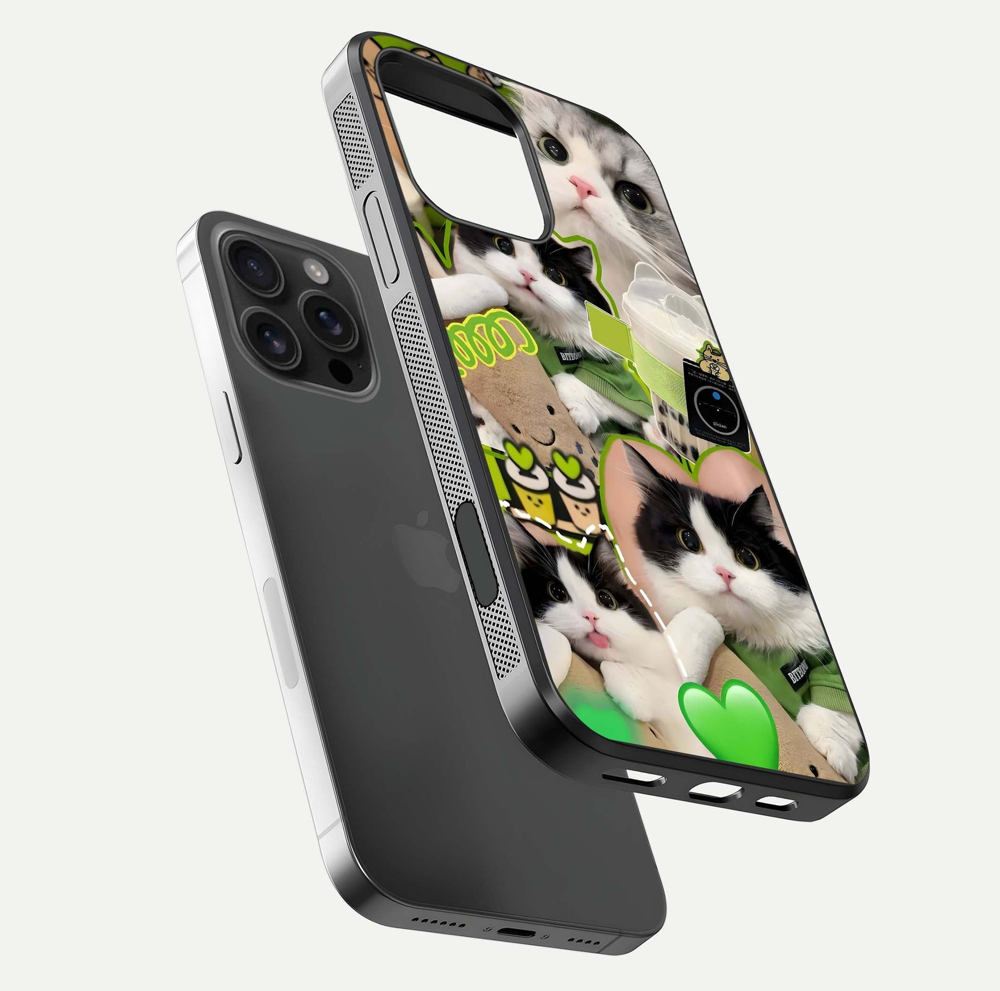 Matcha Cats Mood Glass Case for iPhone 16 Pro Max floating dual-view mockup showing HD gloss surface and soft tones