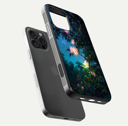 Midnight Bloom Glow Glass Case for iPhone 16 Pro Max floating dual-view mockup showing HD gloss and floral contrast
