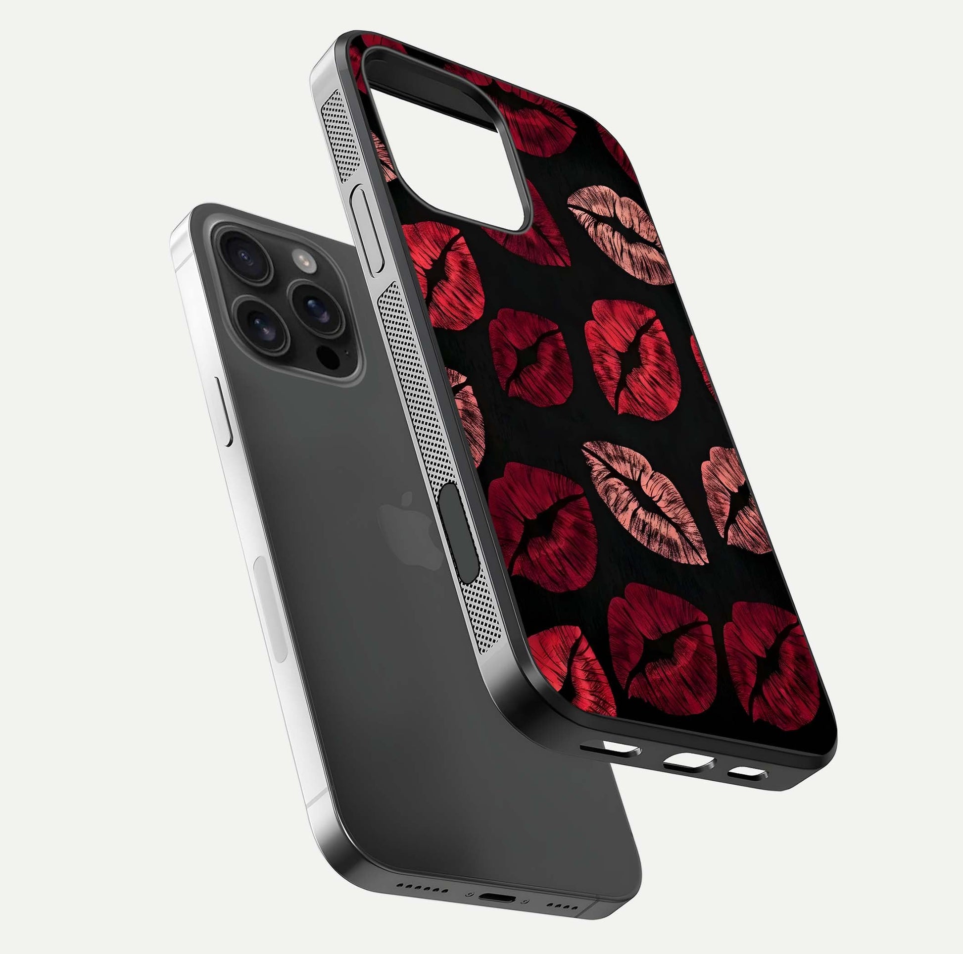 Midnight Kiss Love Glass Case for iPhone 16 Pro Max floating dual-view mockup showing HD gloss and elegant edge design
