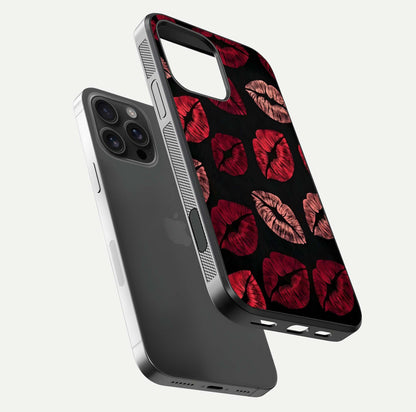 Midnight Kiss Love Glass Case for iPhone 16 Pro Max floating dual-view mockup showing HD gloss and elegant edge design