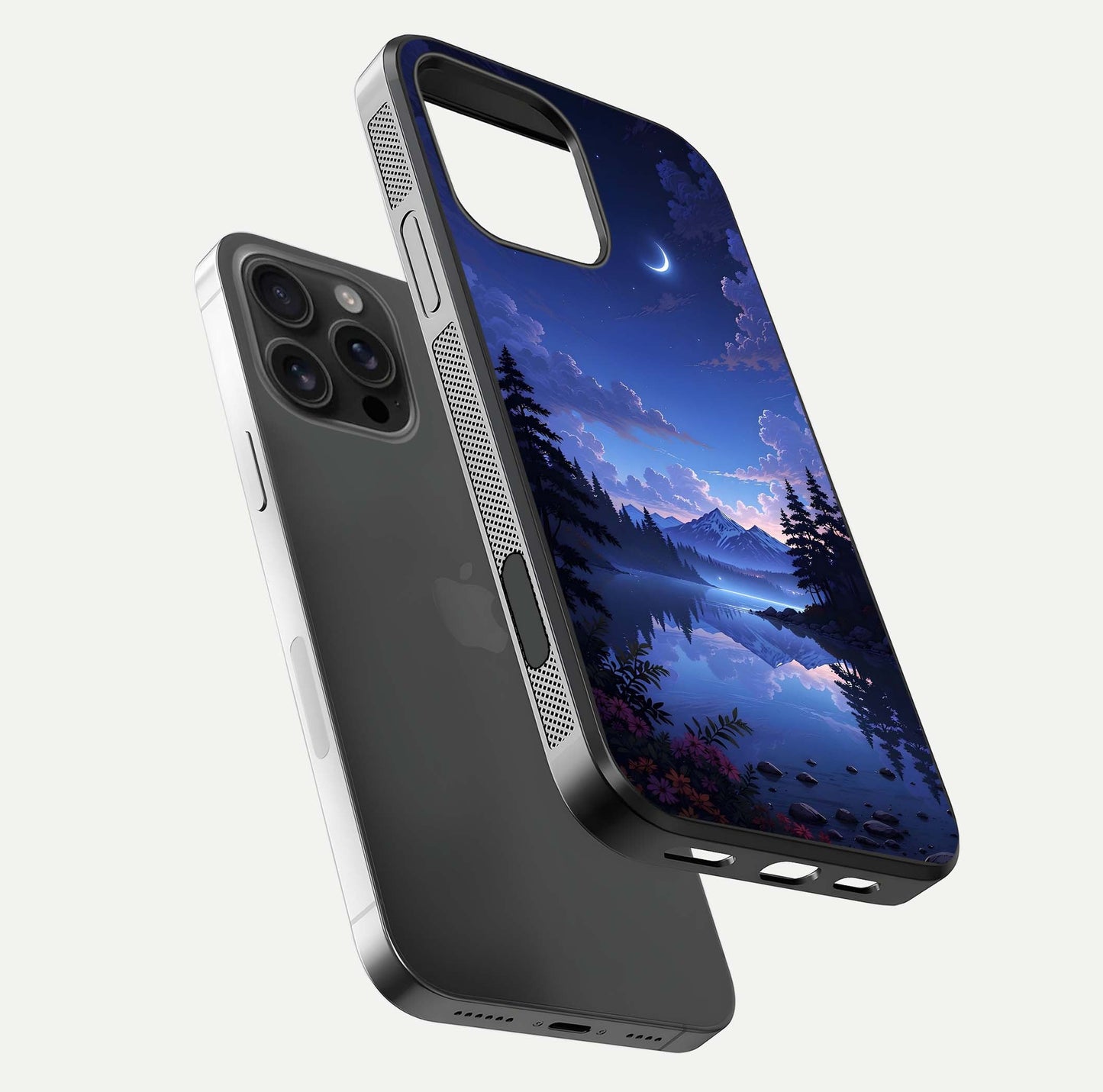 Midnight Lake Peace Glass Case for iPhone 16 Pro Max floating dual-view mockup showing gloss finish and peaceful art