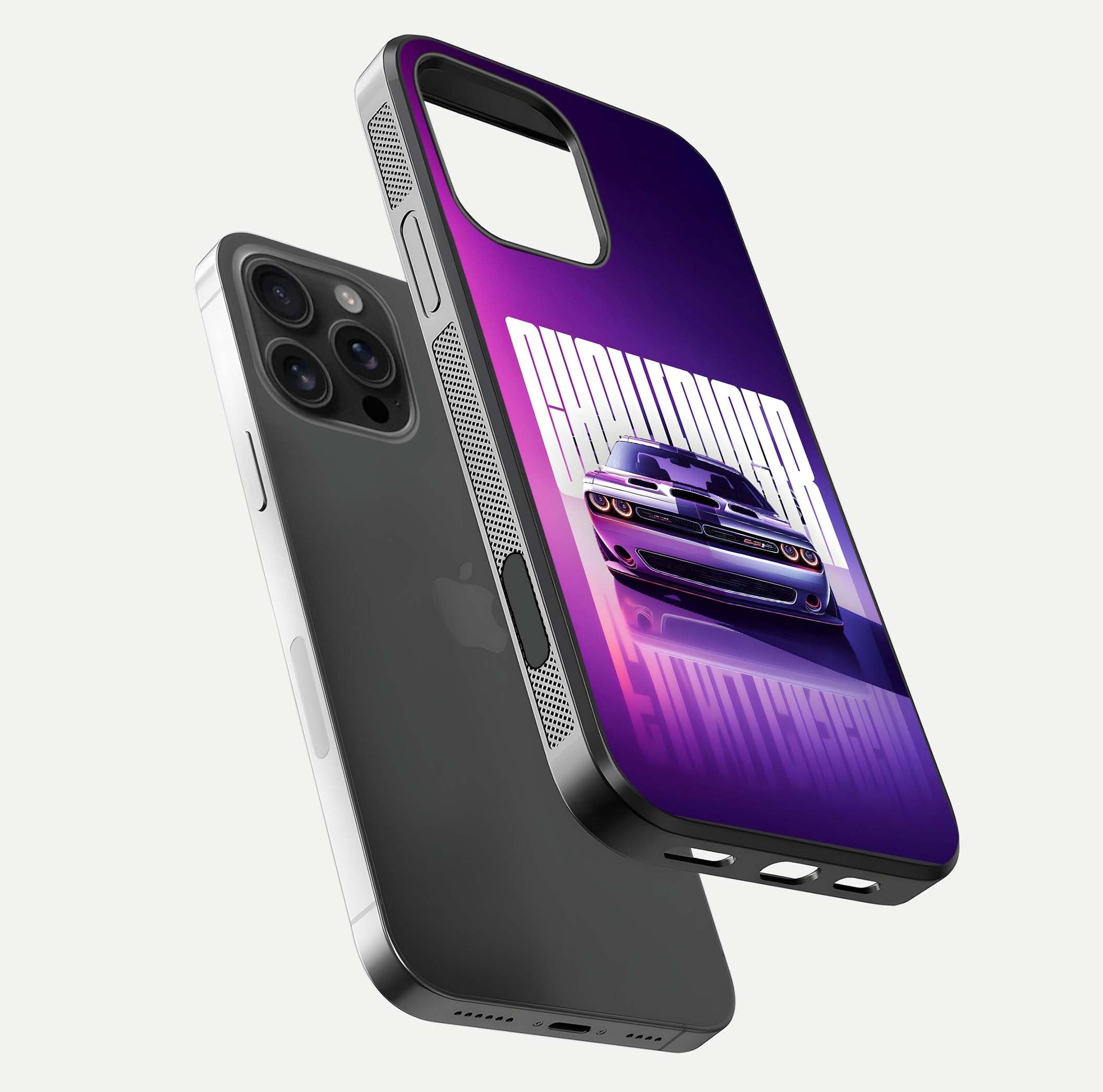 Midnight Muscle Ride Glass Case for iPhone 16 Pro Max floating dual-view mockup showing glossy finish and shine depth