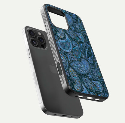 Midnight Paisley Glow Glass Case for iPhone 16 Pro Max floating dual-view mockup showing HD gloss and rich pattern