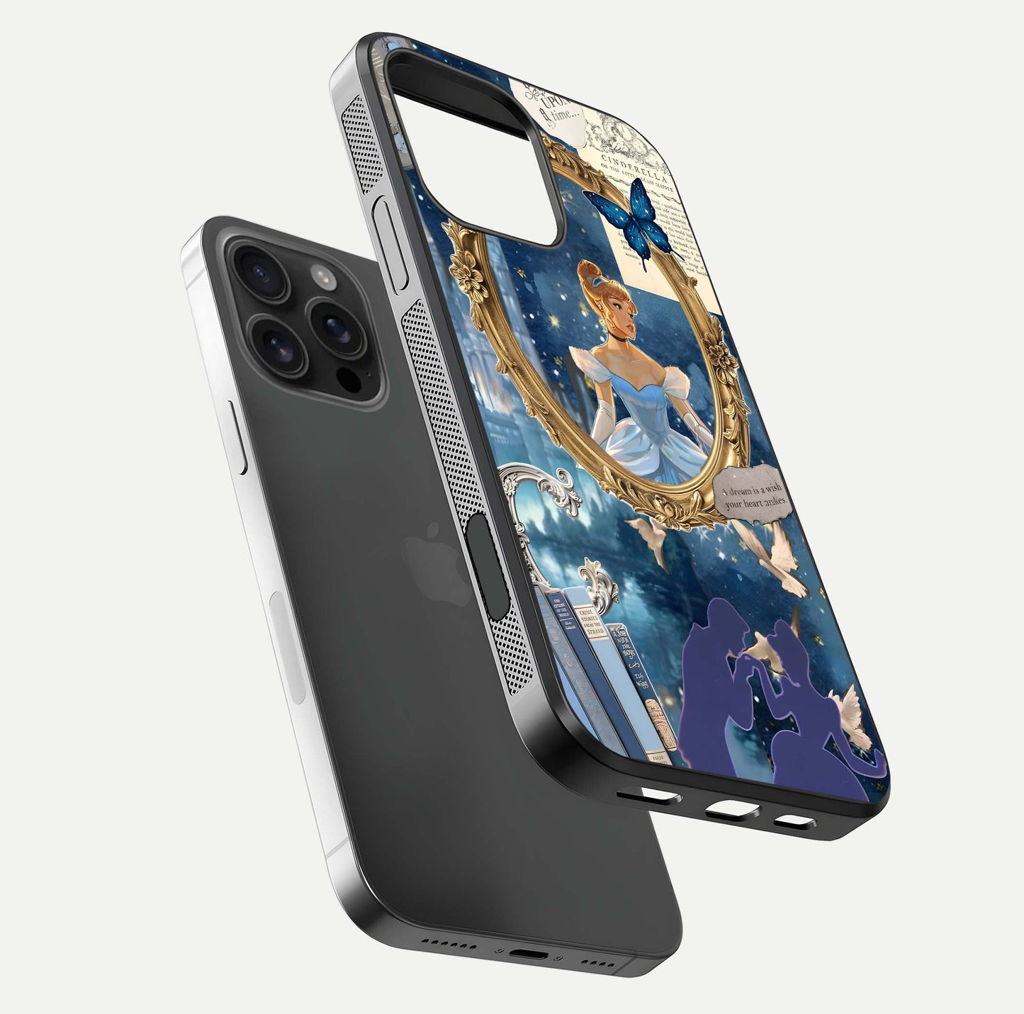 Midnight Queen Glass Case for iPhone 16 Pro Max floating dual-view mockup showing HD glass shine and luxury art