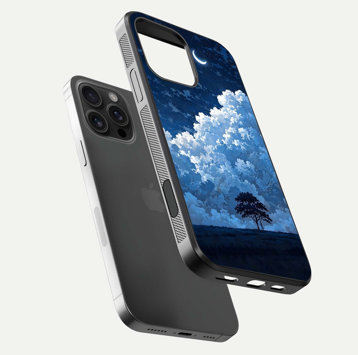 Midnight Sky Serenity Glass Case for iPhone 16 Pro Max floating dual-view mockup showing HD gloss and night shine