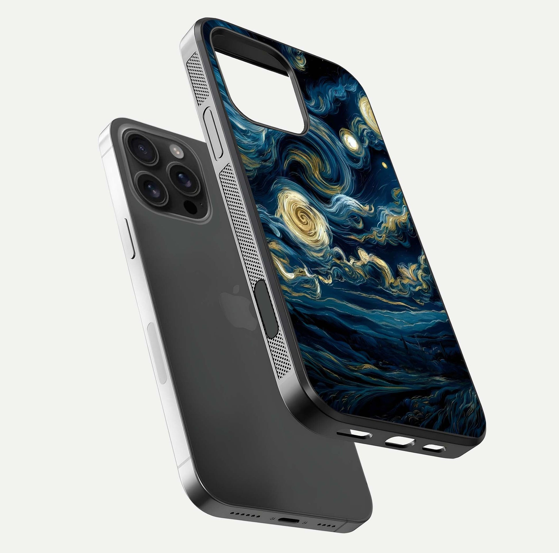 Midnight Sky Whirl Glass Case for iPhone 16 Pro Max floating dual-view mockup showing gloss texture and shine