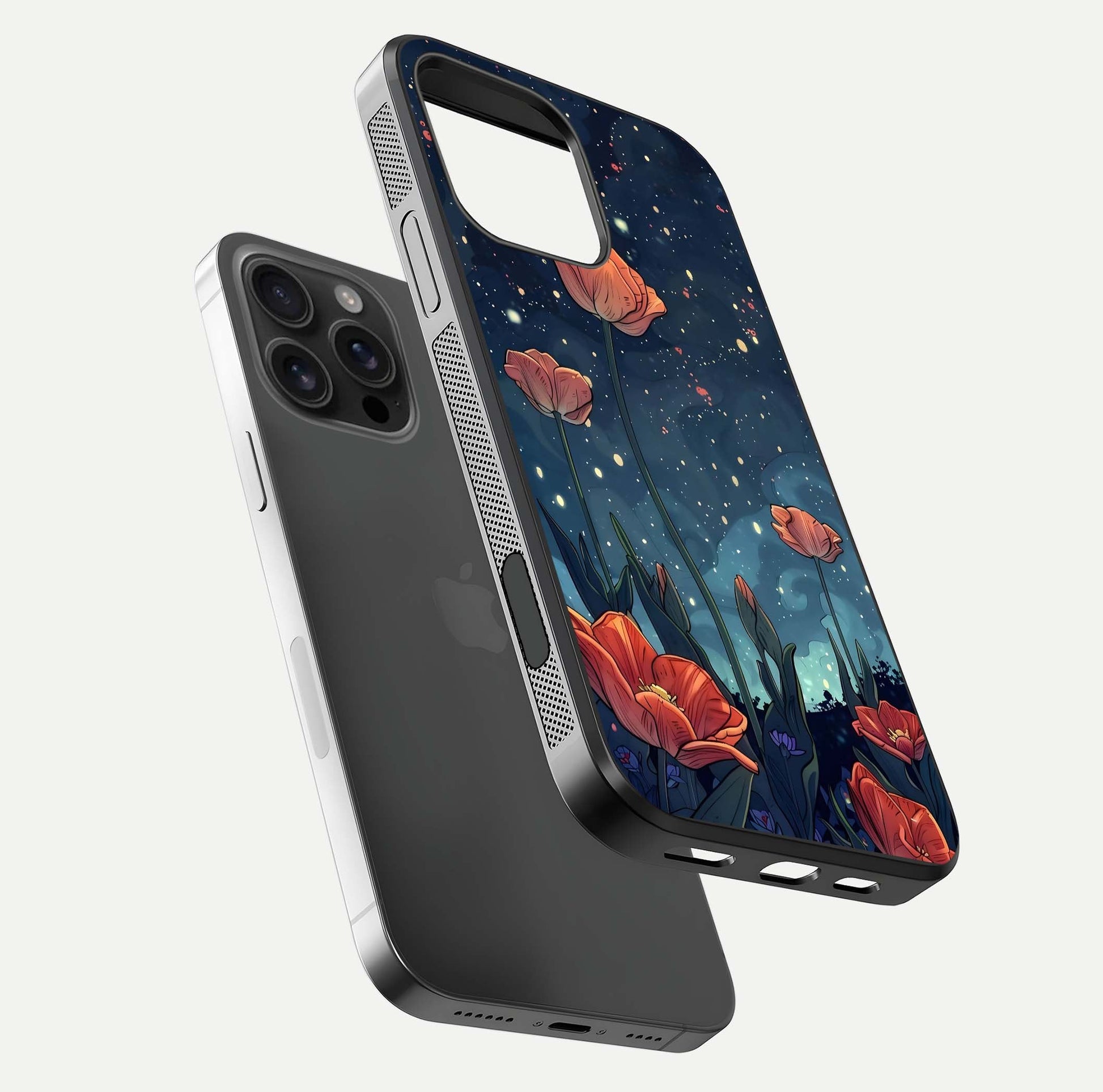 Midnight Tulip Glow Glass Case for iPhone 16 Pro Max floating dual-view mockup showing HD gloss and tulip tone