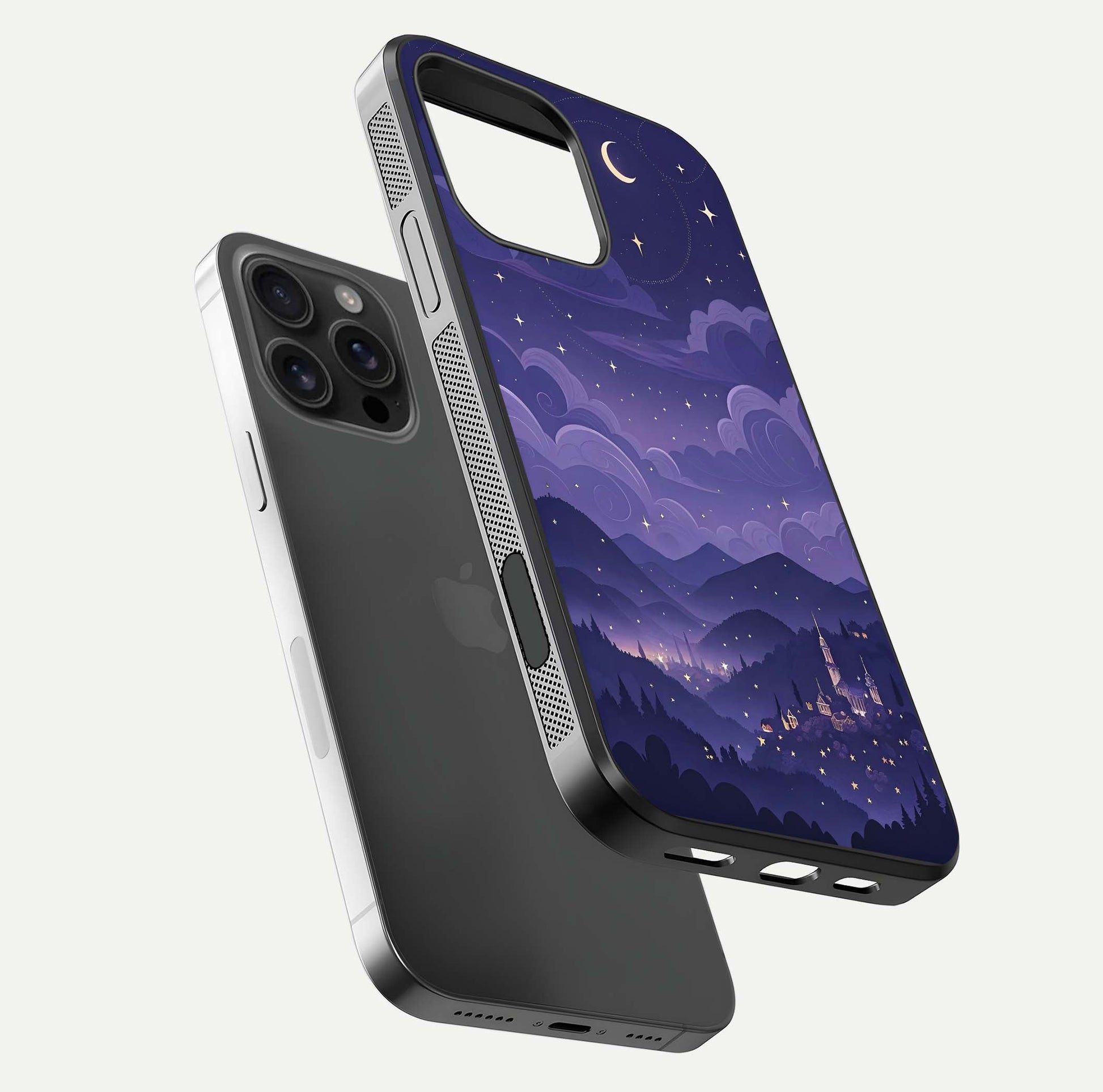 Minimal Night View Glass Case for iPhone 16 Pro Max floating dual-view mockup showing HD gloss and clean lines