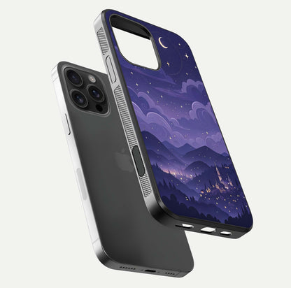 Minimal Night View Glass Case for iPhone 16 Pro Max floating dual-view mockup showing HD gloss and clean lines