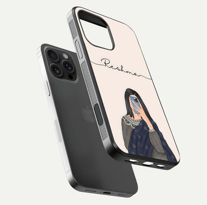 Mirror Mood Muse Custom Name Glass Case for iPhone 16 Pro Max floating dual-view mockup showing reflection and luxury style