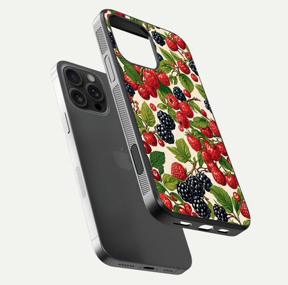 Mixed Berry Collage Glass Case for iPhone 16 Pro Max floating dual-view mockup showing gloss depth and vibrant design