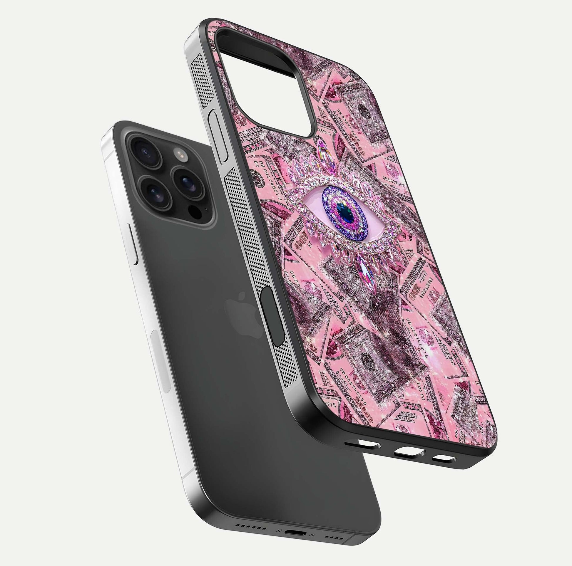 Money Eye Luxe Glass Case for iPhone 16 Pro Max floating dual-view mockup showing gloss surface and premium look