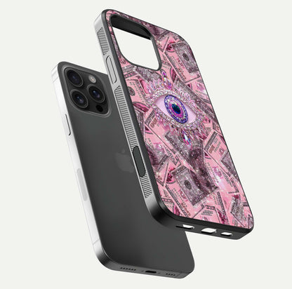 Money Eye Luxe Glass Case for iPhone 16 Pro Max floating dual-view mockup showing gloss surface and premium look