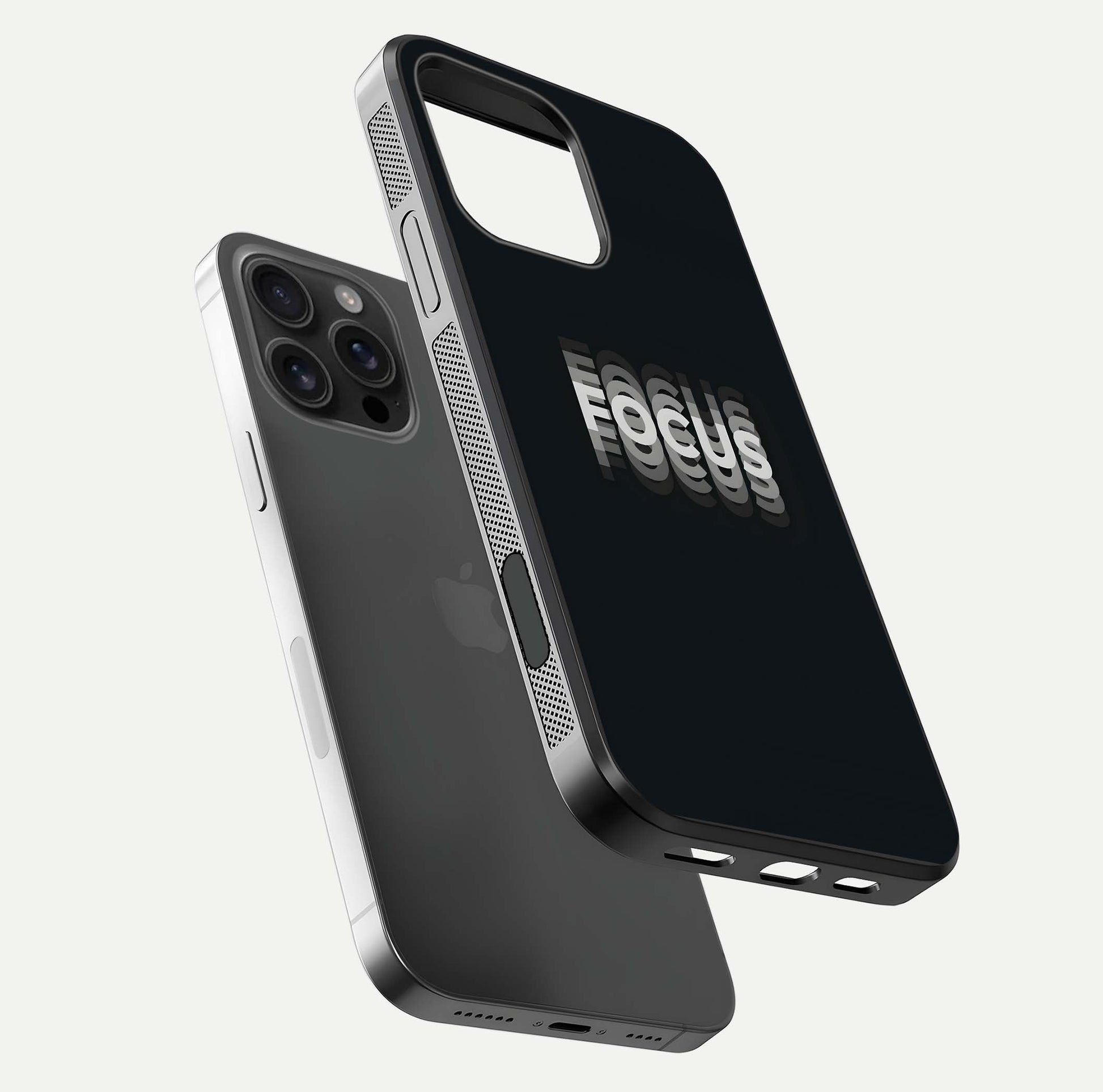 Mono Focus Vision Glass Case for iPhone 16 Pro Max floating dual-view mockup showing HD gloss and elegant simplicity