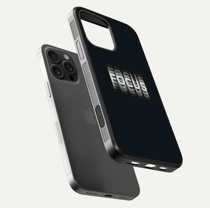 Mono Focus Vision Glass Case for iPhone 16 Pro Max floating dual-view mockup showing HD gloss and elegant simplicity