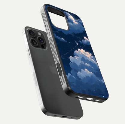 Moon Dream Haze Glass Case for iPhone 16 Pro Max floating dual-view mockup showing gloss texture and calm tones