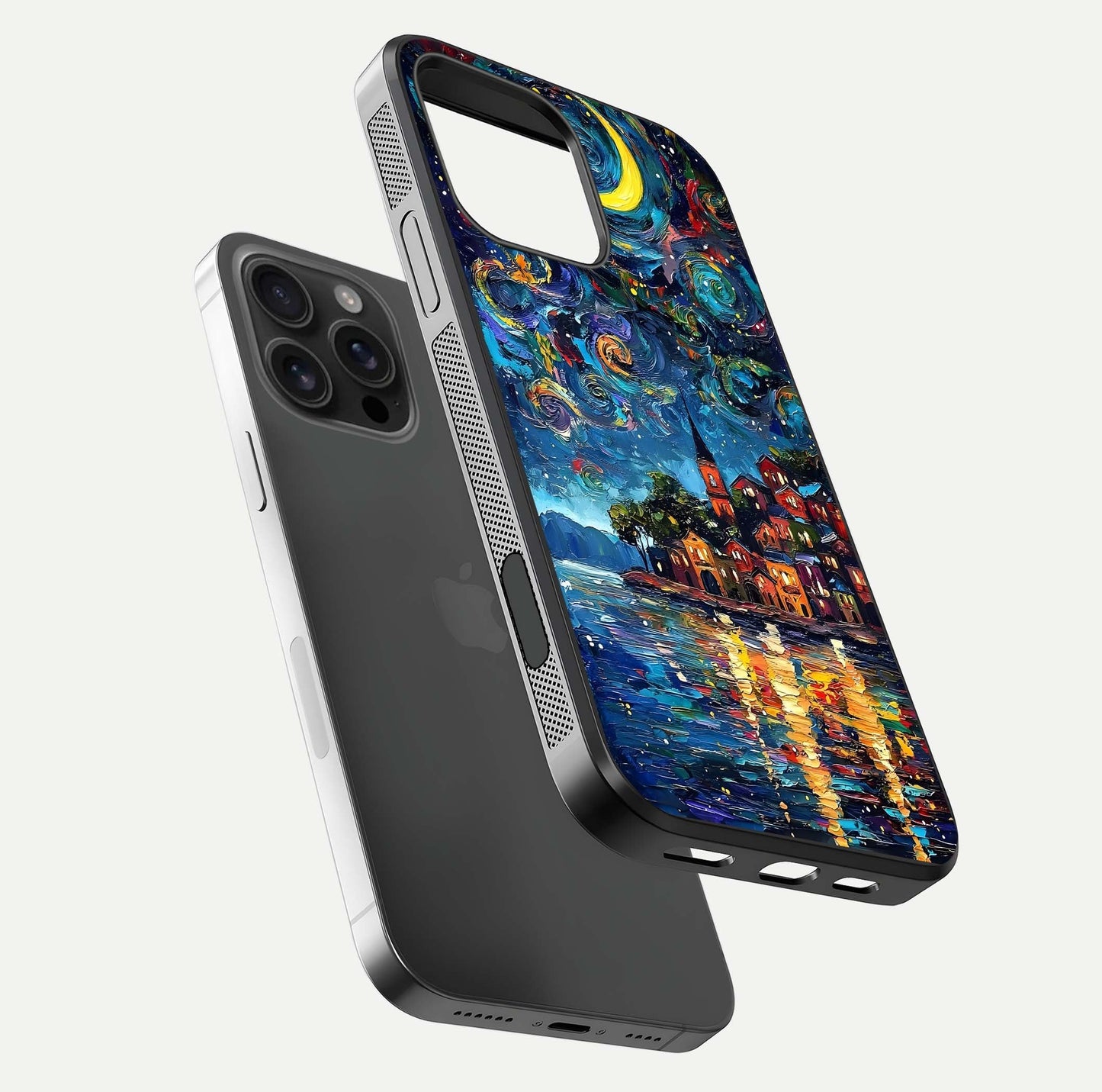 Moonlight Harbor Glow Glass Case for iPhone 16 Pro Max floating dual-view mockup showing gloss brightness and glow