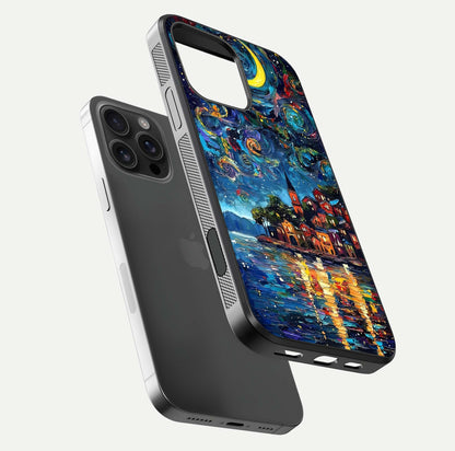 Moonlight Harbor Glow Glass Case for iPhone 16 Pro Max floating dual-view mockup showing gloss brightness and glow