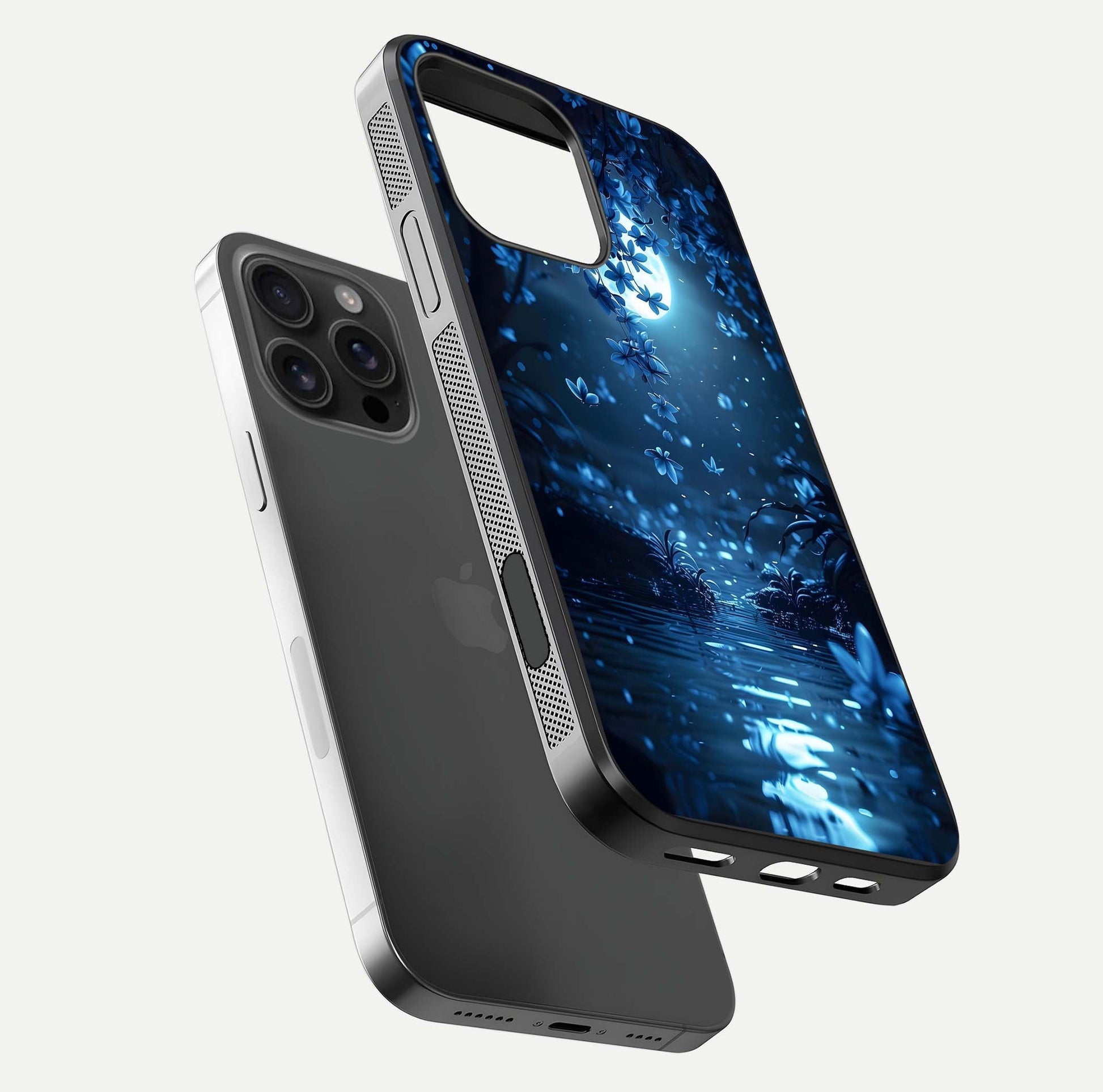Moonlight Petal Dream Glass Case for iPhone 16 Pro Max floating dual-view mockup showing HD gloss and dreamy art
