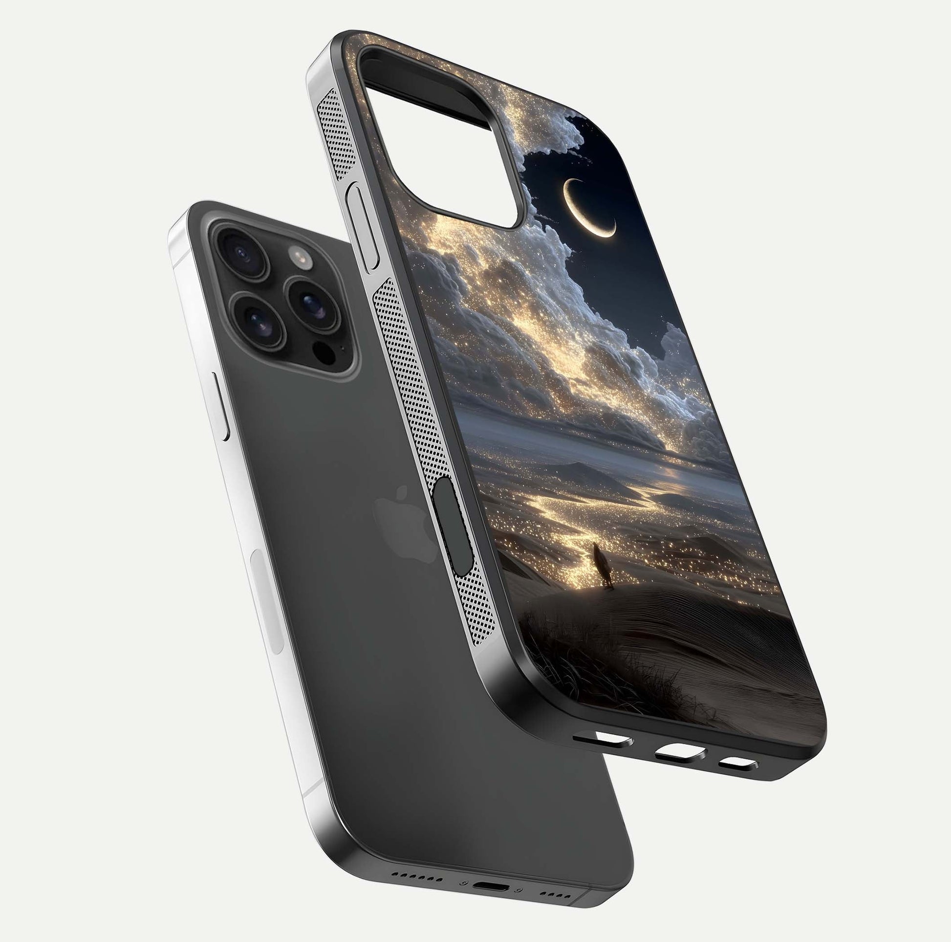 Moonlight Spark Path Glass Case for iPhone 16 Pro Max floating dual-view mockup showing gloss finish and shine depth