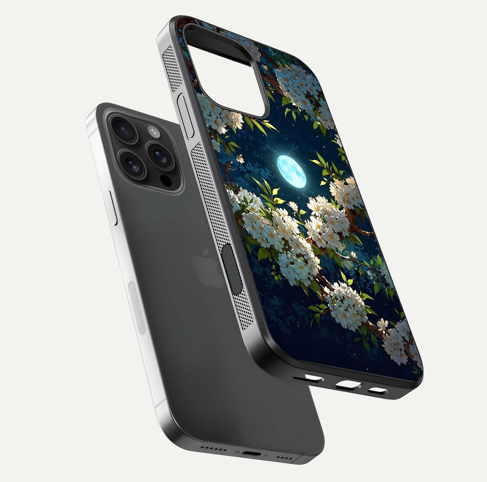 Moonlit Blossom Dream Glass Case for iPhone 16 Pro Max floating dual-view mockup showing gloss texture and floral tone